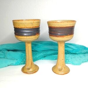 Peeler Pottery Marj Wine Goblet Clay Chalice Earthenware Vintage Folk Art Pair 2
